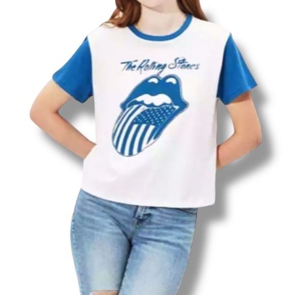 White Short Sleeve Blue Graphic Rock n Roll Rolling Stones Tongue T Shirt NEW - Picture 1 of 3